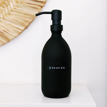 Load image into Gallery viewer, Matt Black Glass Dispenser Bottle With Stamped Personalised Label & Black Metal Pump