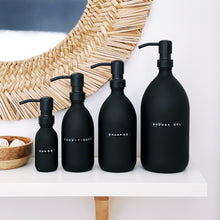 Load image into Gallery viewer, Matt Black Glass Dispenser Bottle With Stamped Personalised Label & Black Metal Pump