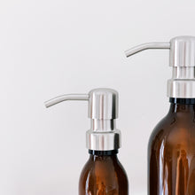 Load image into Gallery viewer, Amber Glass Or Plastic Dispenser Bottle With Silver Metal Pump