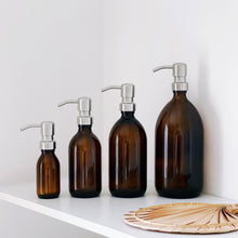 Load image into Gallery viewer, Amber Glass Or Plastic Dispenser Bottle With Silver Metal Pump