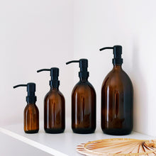 Load image into Gallery viewer, Amber Glass Or Plastic Dispenser Bottle With Black Metal Pump