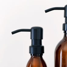Load image into Gallery viewer, Amber Glass Or Plastic Dispenser Bottle With Black Metal Pump