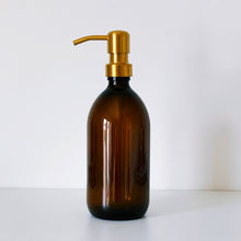 Load image into Gallery viewer, Amber Glass Or Plastic Dispenser Bottle With Gold Metal Pump
