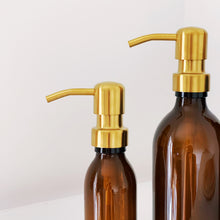 Load image into Gallery viewer, Amber Glass Or Plastic Dispenser Bottle With Gold Metal Pump