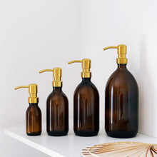 Load image into Gallery viewer, Amber Glass Or Plastic Dispenser Bottle With Gold Metal Pump