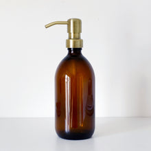 Load image into Gallery viewer, Amber Glass Or Plastic Dispenser Bottle With Light Brushed Gold Metal Pump