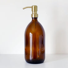 Load image into Gallery viewer, Amber Glass Or Plastic Dispenser Bottle With Light Brushed Gold Metal Pump
