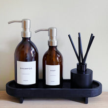 Load image into Gallery viewer, Amber Glass Or Plastic Dispenser Bottle With Personalised Label & Silver Metal Pump