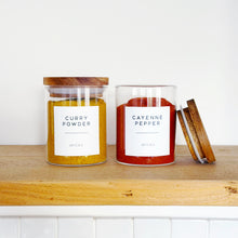 Load image into Gallery viewer, Glass Spice Jar With White Personalised Label And Airtight Acacia Wood Lid