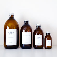 Load image into Gallery viewer, Amber Glass Or Plastic Bottle With White Label & Silver Metal Screw Lid