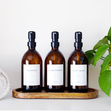 Load image into Gallery viewer, Set Of 3 Amber Bottles - Glass Or Plastic - Shampoo, Conditioner & Body Wash - Black Metal Pumps