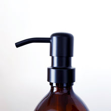Load image into Gallery viewer, Set Of 3 Amber Bottles - Glass Or Plastic - Shampoo, Conditioner & Body Wash - Black Metal Pumps
