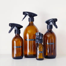 Load image into Gallery viewer, Amber Glass Or Plastic Trigger Spray Bottle With Stamped Personalised Label