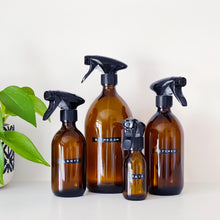 Load image into Gallery viewer, Amber Glass Or Plastic Trigger Spray Bottle With Stamped Personalised Label