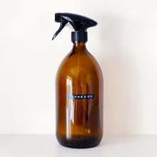 Load image into Gallery viewer, Amber Glass Or Plastic Trigger Spray Bottle With Stamped Personalised Label