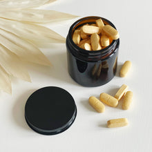 Load image into Gallery viewer, Amber Glass Jar With Personalised Label And Gold, Silver or Black Aluminium Lid