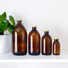 Load image into Gallery viewer, Amber Glass Or Plastic Bottle With Gold Metal Screw Lid