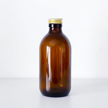 Load image into Gallery viewer, Amber Glass Or Plastic Bottle With Gold Metal Screw Lid