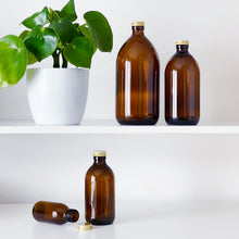 Load image into Gallery viewer, Amber Glass Or Plastic Bottle With Gold Metal Screw Lid