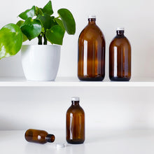 Load image into Gallery viewer, Amber Glass Or Plastic Bottle With Silver Metal Screw Lid