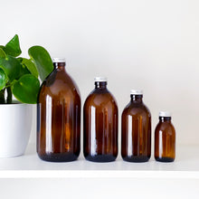 Load image into Gallery viewer, Amber Glass Or Plastic Bottle With Silver Metal Screw Lid