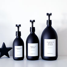 Load image into Gallery viewer, Matt Black Glass Syrup Dispenser Bottle With White Personalised Label And Plastic Pump