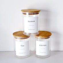 Load image into Gallery viewer, Set Of 3 Glass & Bamboo Jars - Tea, Coffee & Sugar