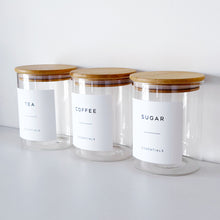 Load image into Gallery viewer, Set Of 3 Glass & Bamboo Jars - Tea, Coffee & Sugar