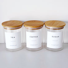 Load image into Gallery viewer, Set Of 3 Glass & Bamboo Jars - Tea, Coffee & Sugar