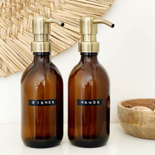 Load image into Gallery viewer, Amber Glass Or Plastic Dispenser Bottle With Stamped Personalised Label And Light Brushed Gold Metal Pump