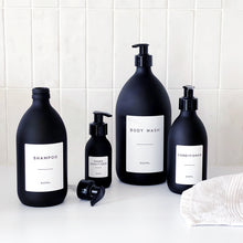 Load image into Gallery viewer, Matt Black Glass Dispenser Bottle With Personalised Label & Black Plastic Pump