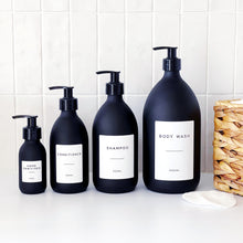 Load image into Gallery viewer, Matt Black Glass Dispenser Bottle With Personalised Label & Black Plastic Pump