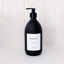 Load image into Gallery viewer, Matt Black Glass Dispenser Bottle With Personalised Label & Black Plastic Pump