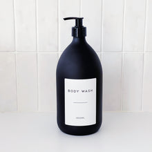 Load image into Gallery viewer, Matt Black Glass Dispenser Bottle With Personalised Label & Black Plastic Pump