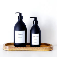 Load image into Gallery viewer, Matt Black Glass Dispenser Bottle With Personalised Label & Black Plastic Pump
