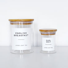 Load image into Gallery viewer, Loose Leaf Tea Storage Jar With White Personalised Label And Airtight Bamboo Lid