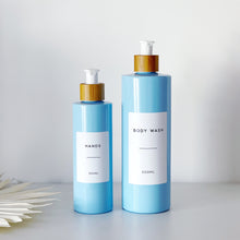 Load image into Gallery viewer, Blue Plastic Dispenser Bottle With White Personalised Label And Bamboo Pump