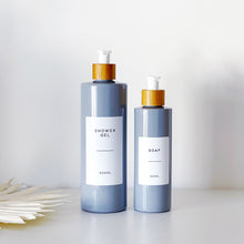 Load image into Gallery viewer, Grey Plastic Dispenser Bottle With White Personalised Label And Bamboo Pump