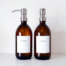 Load image into Gallery viewer, Set Of 2 Amber Bottles - Glass Or Plastic - Hands & Dishes - Silver Metal Pumps
