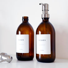 Load image into Gallery viewer, Set Of 2 Amber Bottles - Glass Or Plastic - Hands & Dishes - Silver Metal Pumps
