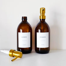 Load image into Gallery viewer, Set Of 2 Amber Bottles - Glass Or Plastic - Hands & Dishes - Gold Metal Pumps