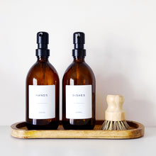 Load image into Gallery viewer, Set Of 2 Amber Bottles - Glass Or Plastic - Hands & Dishes - Black Metal Pumps