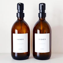 Load image into Gallery viewer, Set Of 3 Amber Bottles - Glass Or Plastic - Hands, Dishes And Surfaces - Metal Pump Dispensers & Trigger Spray
