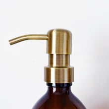 Load image into Gallery viewer, Set Of 2 Amber Bottles - Glass Or Plastic - Hands & Dishes - Brushed Light Gold Metal Pumps