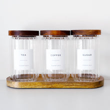 Load image into Gallery viewer, Ribbed Glass Tea, Coffee, Sugar Jars - Set Of 3 - Optional Wooden Tray