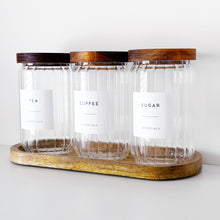 Load image into Gallery viewer, Ribbed Glass Tea, Coffee, Sugar Jars - Set Of 3 - Optional Wooden Tray