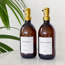 Load image into Gallery viewer, Amber Glass Or Plastic Dispenser Bottle With Personalised Label & Gold Metal Pump