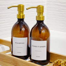 Load image into Gallery viewer, Amber Glass Or Plastic Dispenser Bottle With Personalised Label & Gold Metal Pump