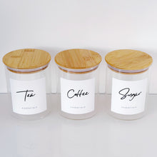 Load image into Gallery viewer, Set Of 3 Glass & Bamboo Jars - Tea, Coffee & Sugar