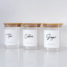 Load image into Gallery viewer, Set Of 3 Glass & Bamboo Jars - Tea, Coffee & Sugar
